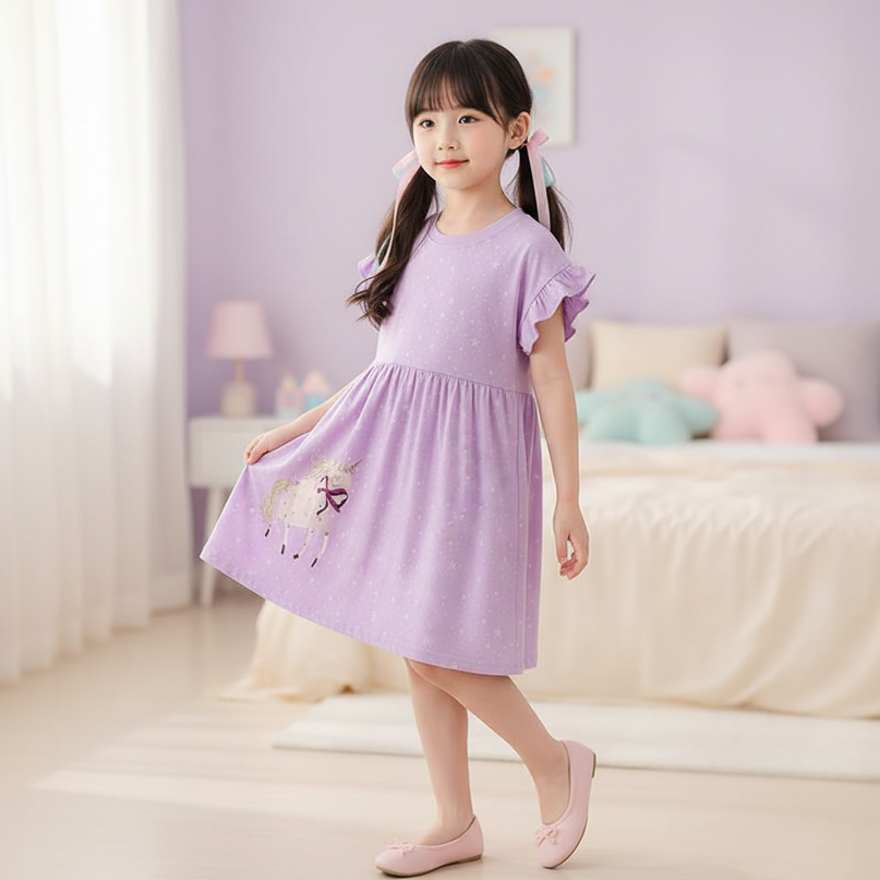 lavender unicorn star applique dress - three-quarter
