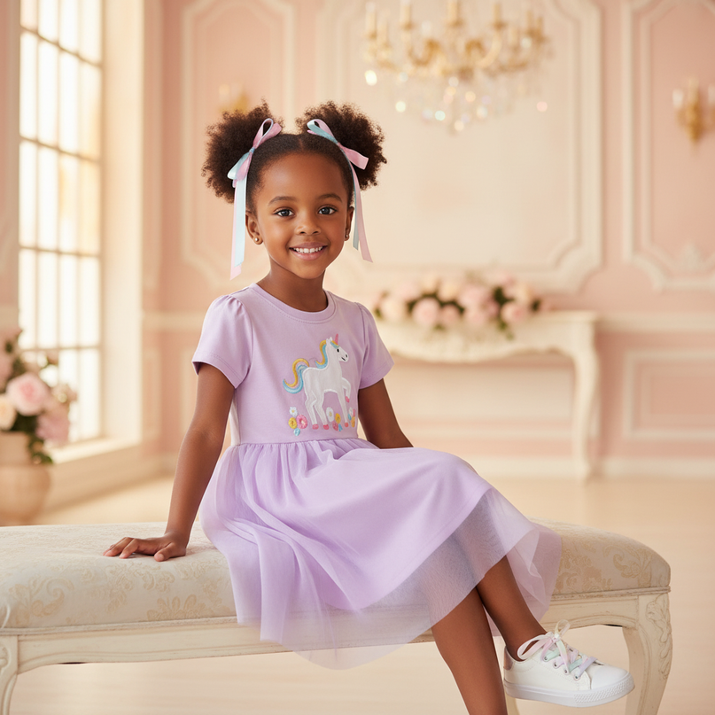 lavender unicorn tulle applique dress - sitting