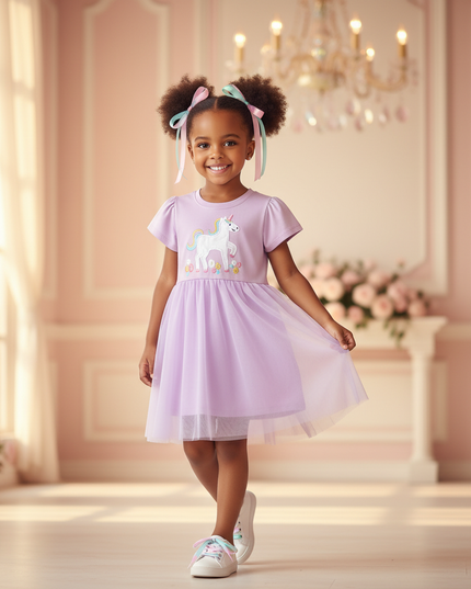 lavender unicorn tulle applique dress - three-quarter
