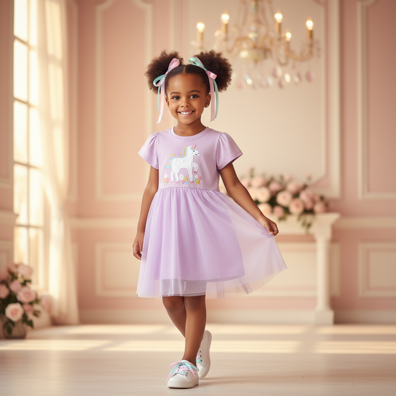 lavender unicorn tulle applique dress - three-quarter