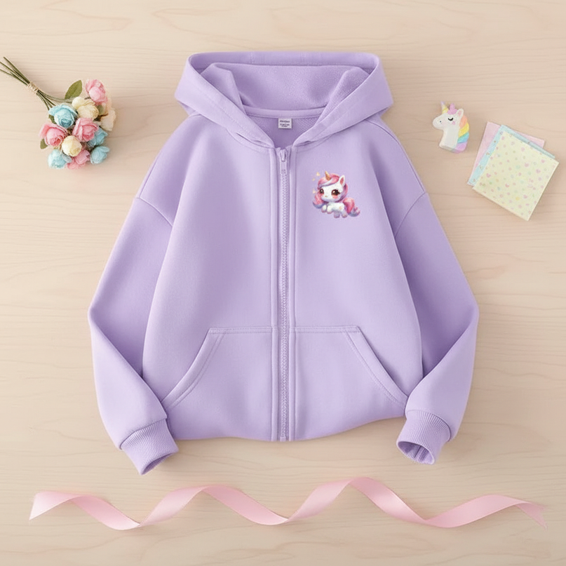 lavender unicorn zip hoodie - flat-lay