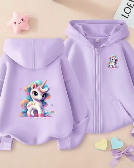 lavender unicorn zip up hoodie - flat-lay