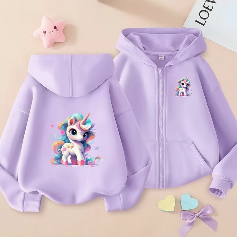 lavender unicorn zip up hoodie - flat-lay