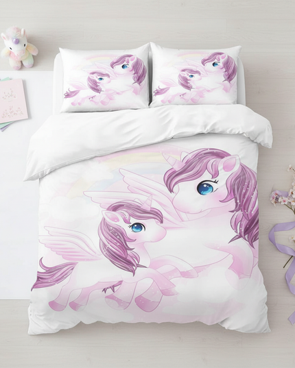 lavender winged unicorn bedding - flat-lay