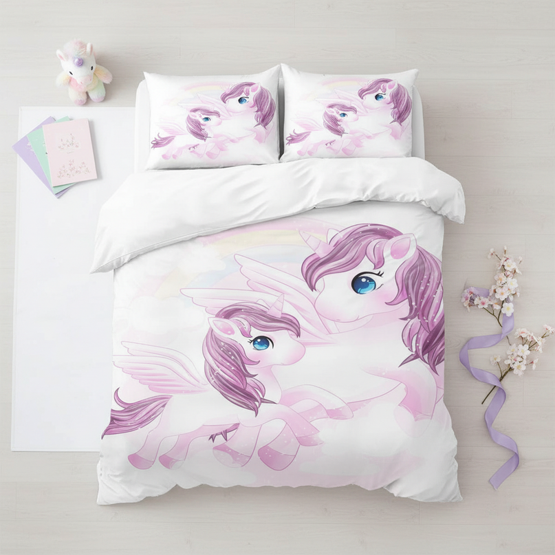 lavender winged unicorn bedding - flat-lay