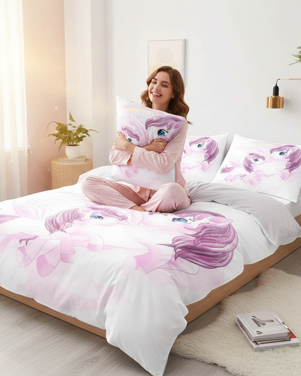 lavender winged unicorn bedding - in-use