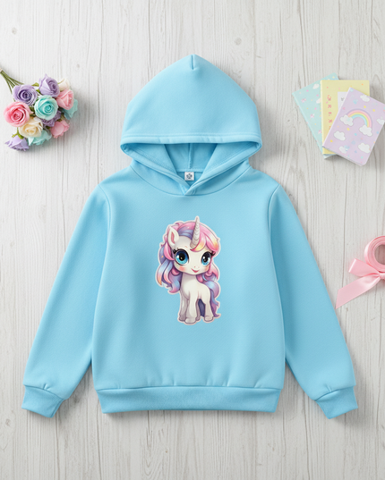 light blue unicorn hoodie kids - flat-lay