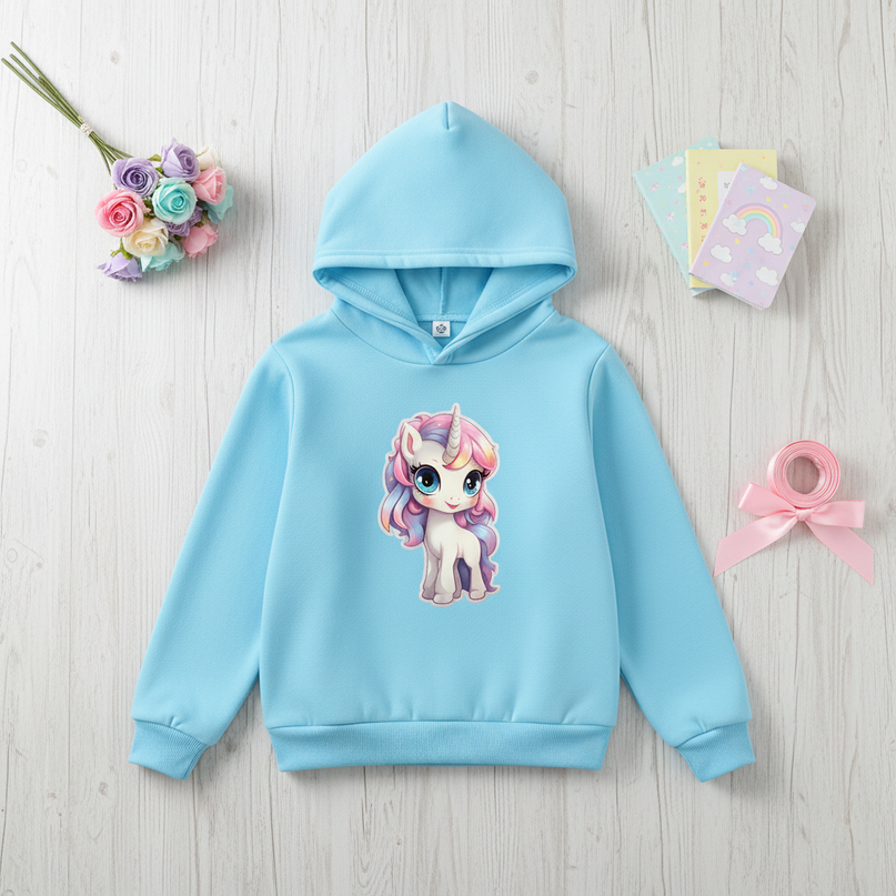 light blue unicorn hoodie kids - flat-lay