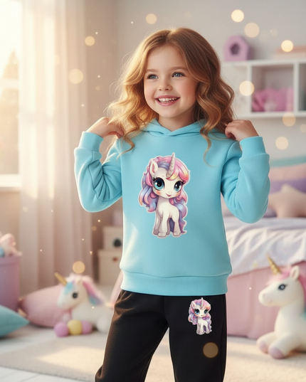 light blue unicorn hoodie kids - in-use
