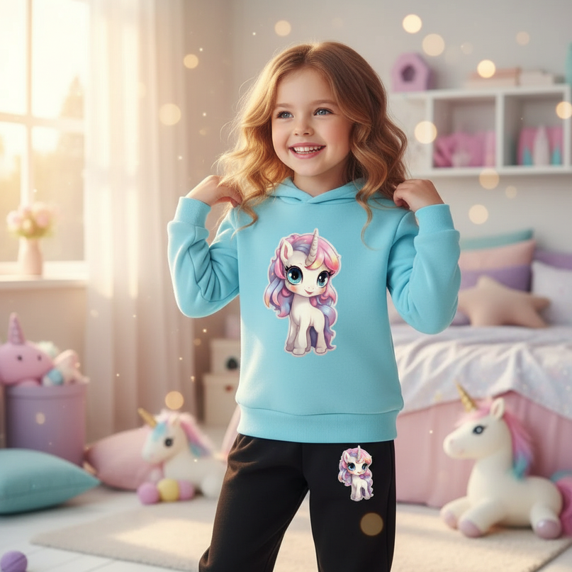 light blue unicorn hoodie kids - in-use