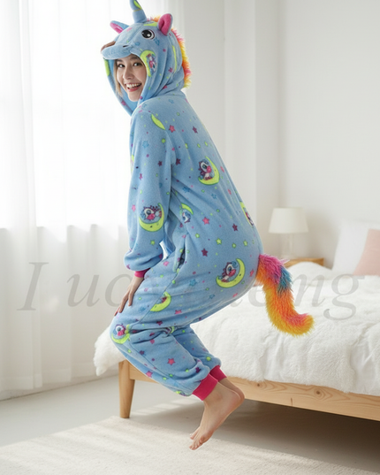 light blue unicorn onesie - in-use