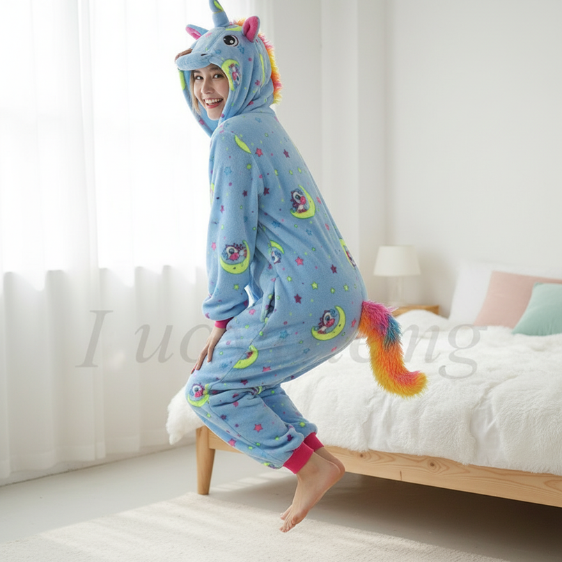 light blue unicorn onesie - in-use