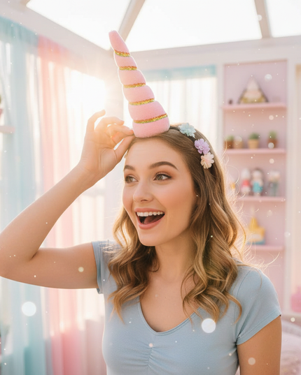 light pink elastic unicorn horn - in-use