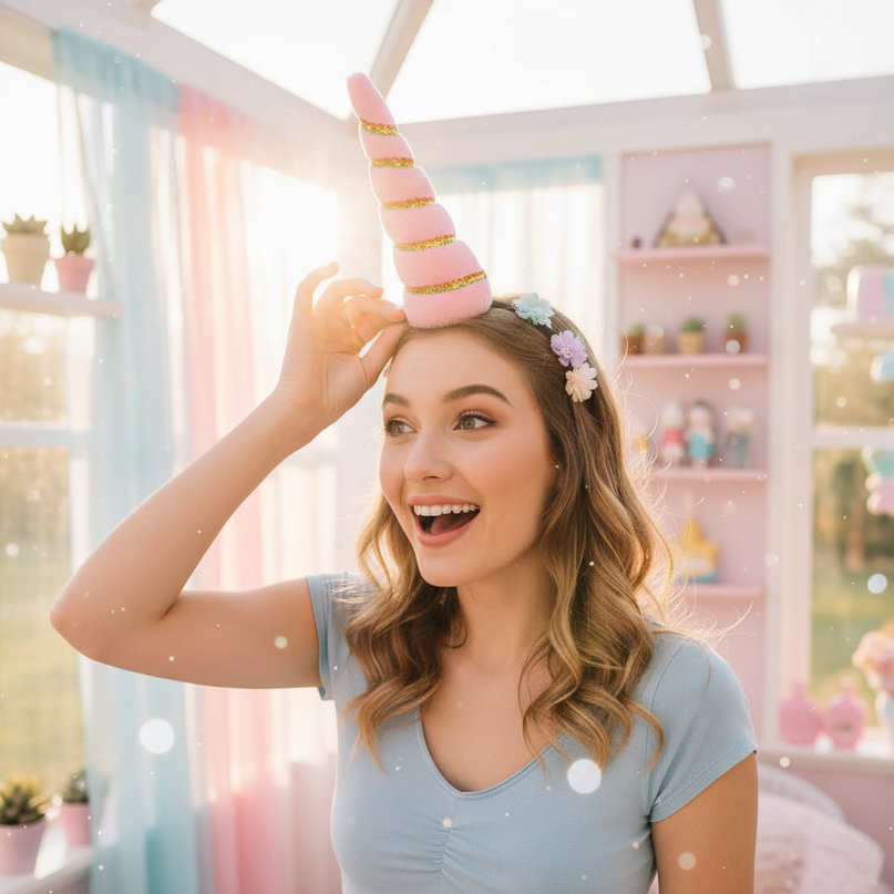 light pink elastic unicorn horn - in-use