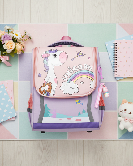 light purple unicorn orthopedic bag backpack - flat-lay