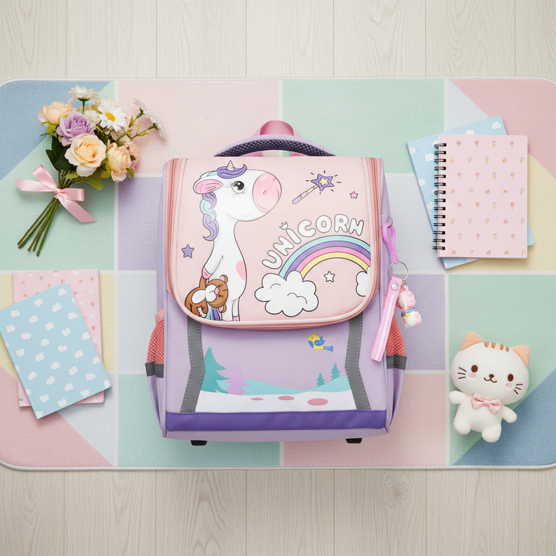 light purple unicorn orthopedic bag backpack - flat-lay