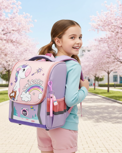 light purple unicorn orthopedic bag backpack - in-use
