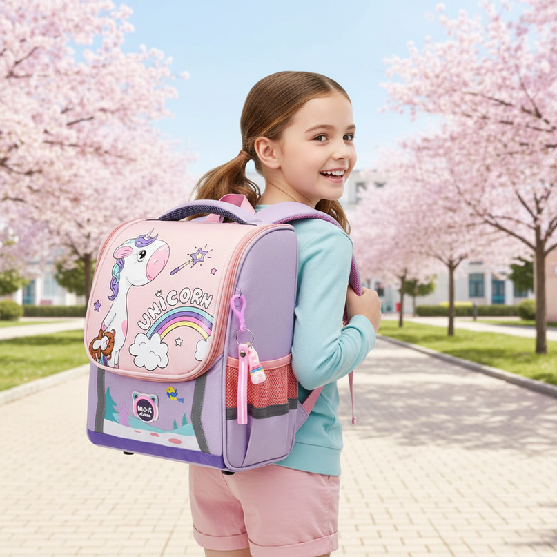 light purple unicorn orthopedic bag backpack - in-use