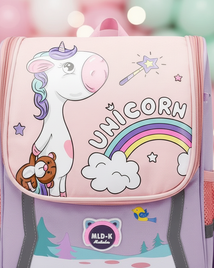 light purple unicorn school backpack - detail