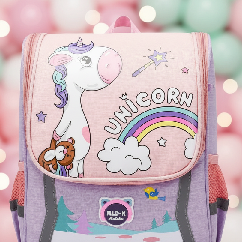 light purple unicorn school backpack - detail