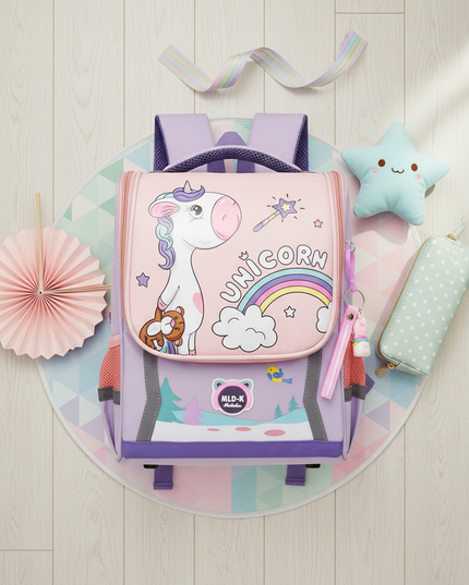 light purple unicorn school backpack - flat-lay