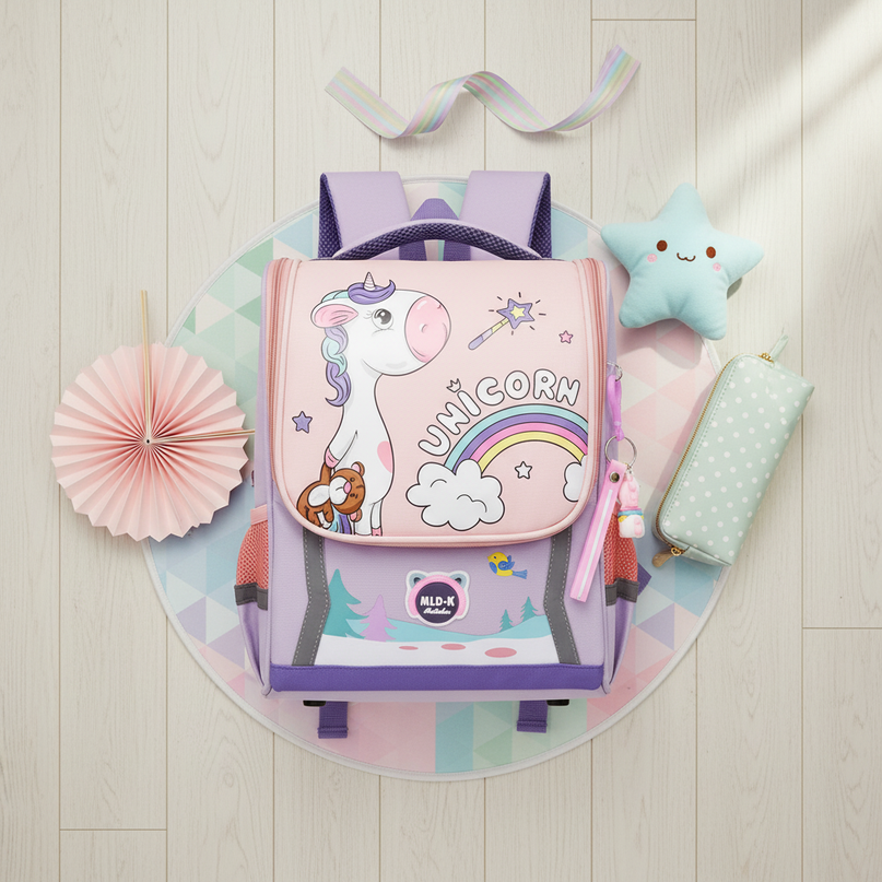 light purple unicorn school backpack - flat-lay