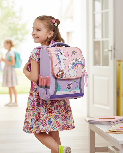 light purple unicorn school backpack - in-use