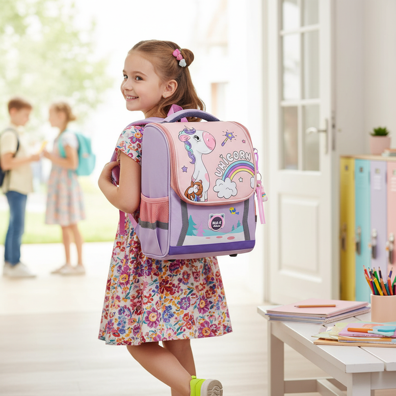light purple unicorn school backpack - in-use