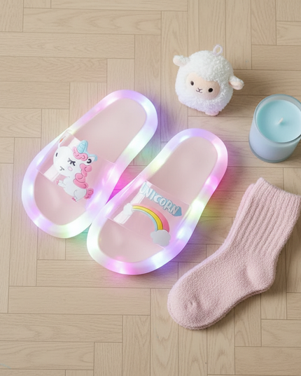 light up unicorn slippers - flat-lay