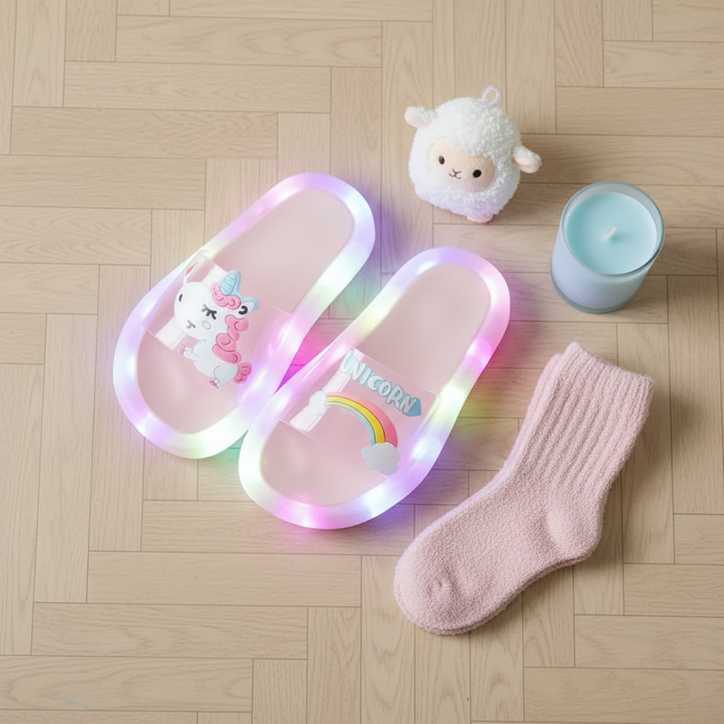 light up unicorn slippers - flat-lay