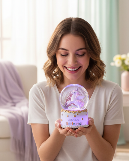 light up unicorn snow globe - in-use