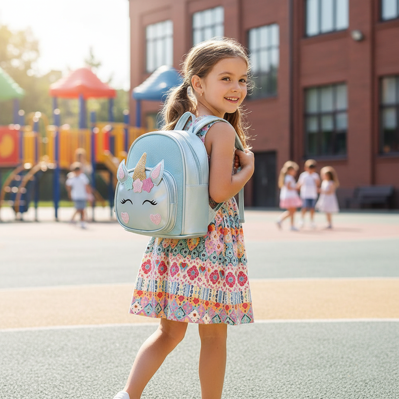 little girl unicorn backpack - in-use