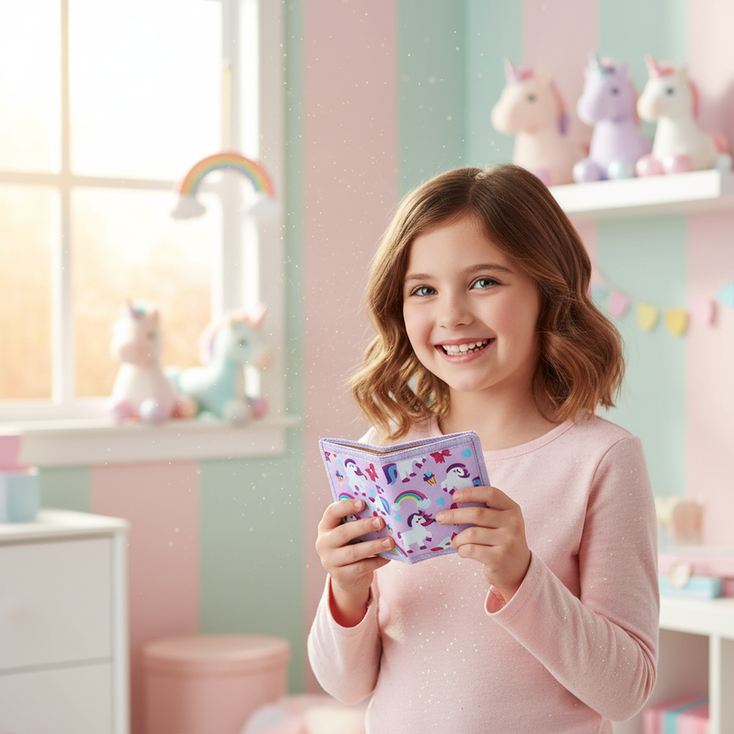 little girl unicorn wallet - in-use