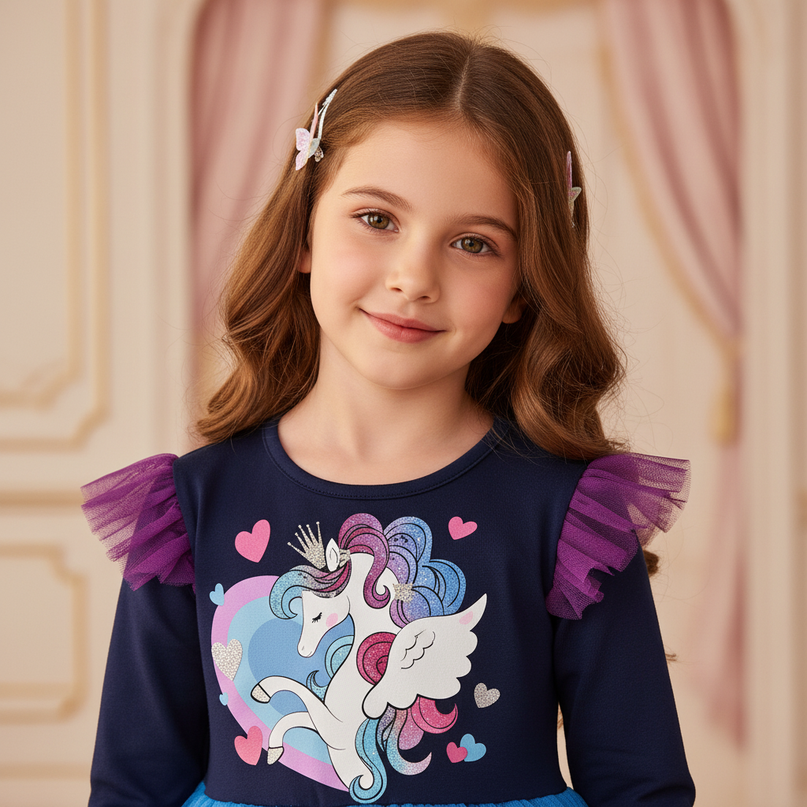 long sleeve unicorn dress girls - detail