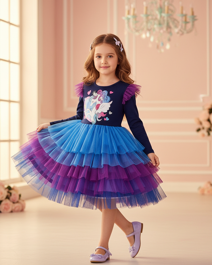 long sleeve unicorn dress girls - front