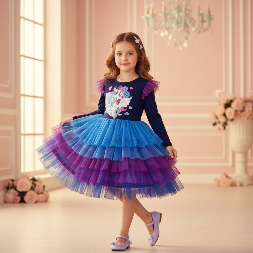 long sleeve unicorn dress girls - front