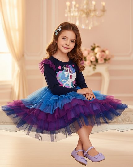 long sleeve unicorn dress girls - sitting