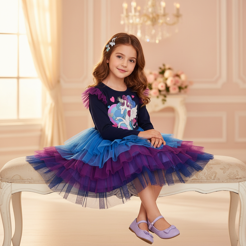 long sleeve unicorn dress girls - sitting