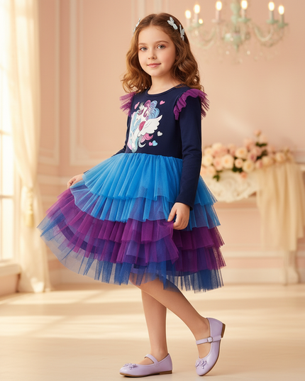 long sleeve unicorn dress girls - three-quarter