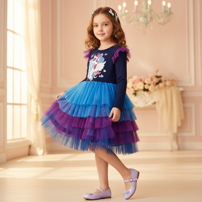 long sleeve unicorn dress girls - three-quarter