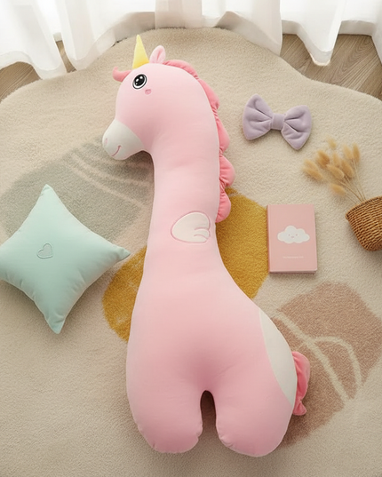 long unicorn plush toy - flat-lay