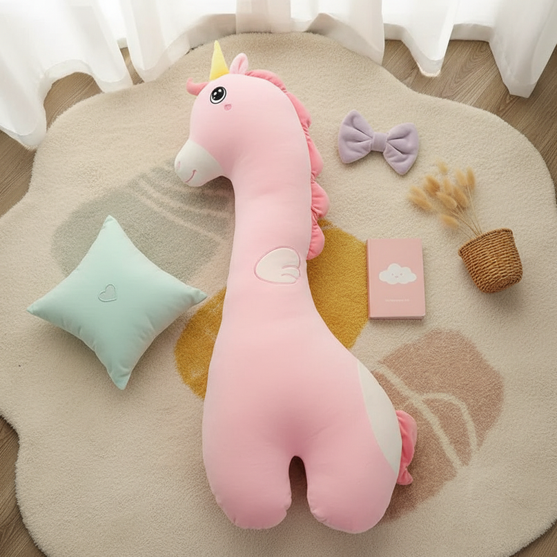 long unicorn plush toy - flat-lay