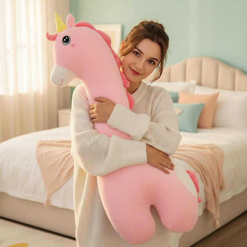 long unicorn plush toy - in-use
