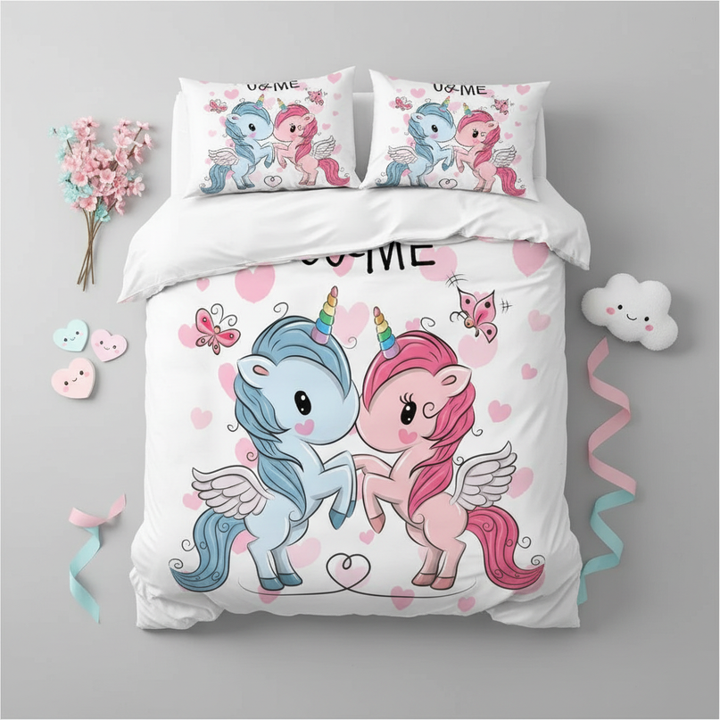 love couple heart unicorn bedding - flat-lay