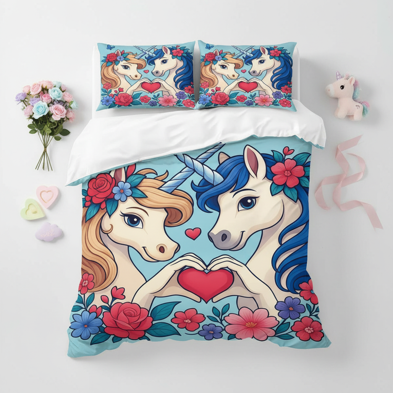love heart twin unicorn bedding - flat-lay