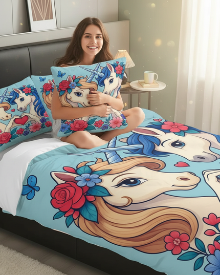 love heart twin unicorn bedding - in-use