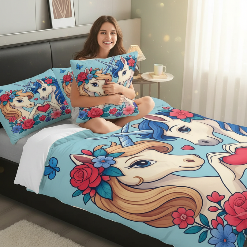 love heart twin unicorn bedding - in-use