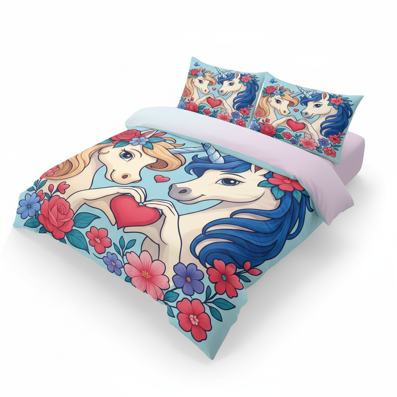 love heart twin unicorn bedding - white-bg