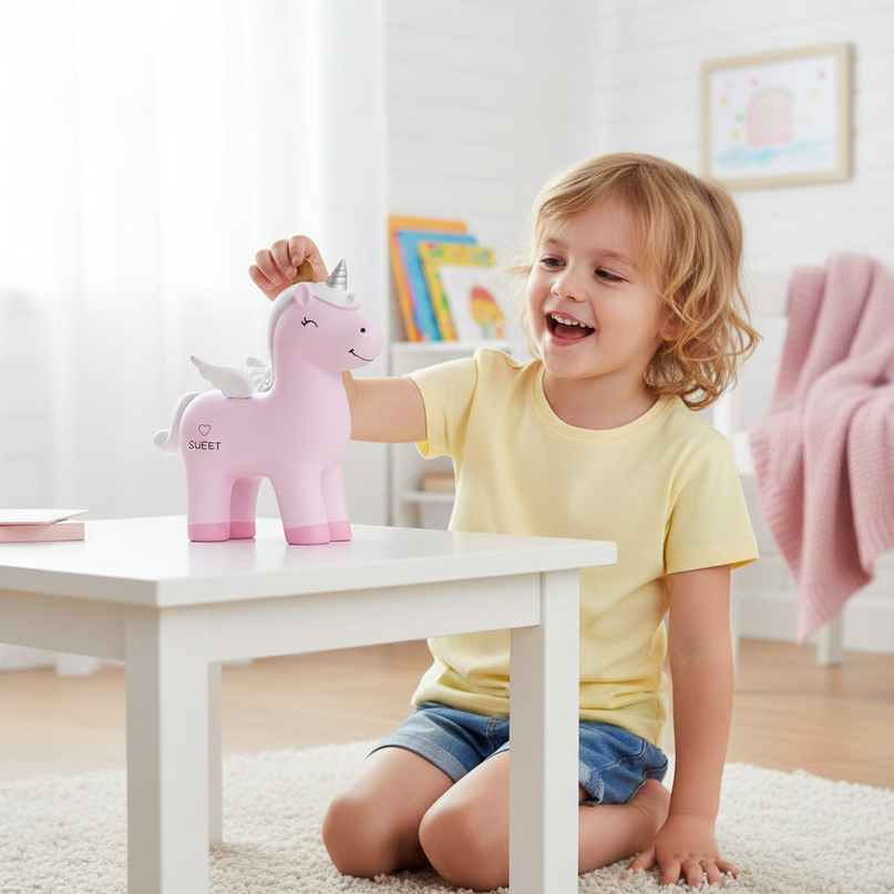 lovely unicorn piggy bank - in-use