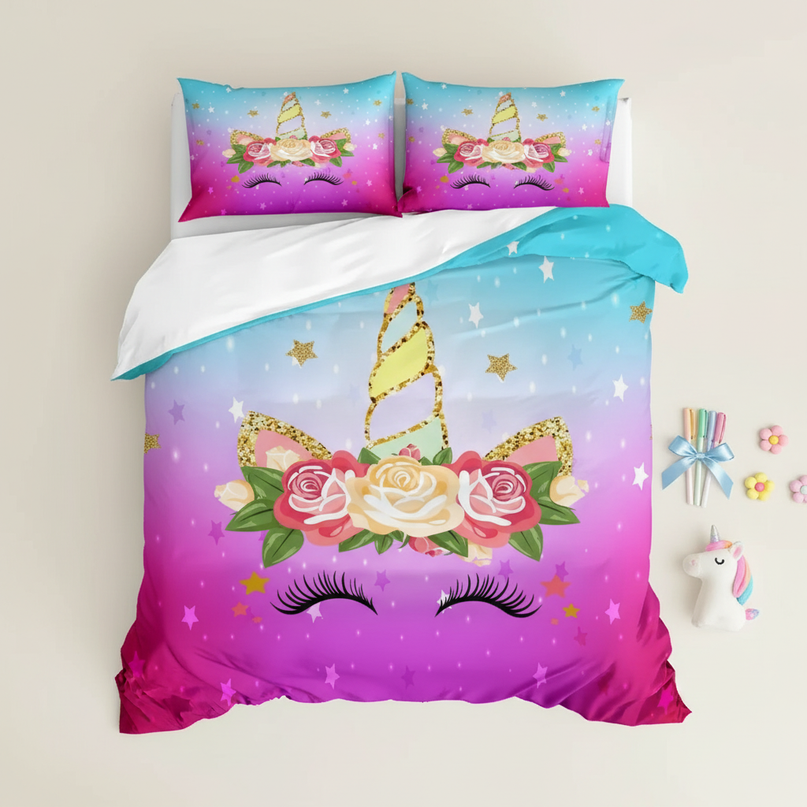 luminous lashes gradient unicorn bedding - flat-lay